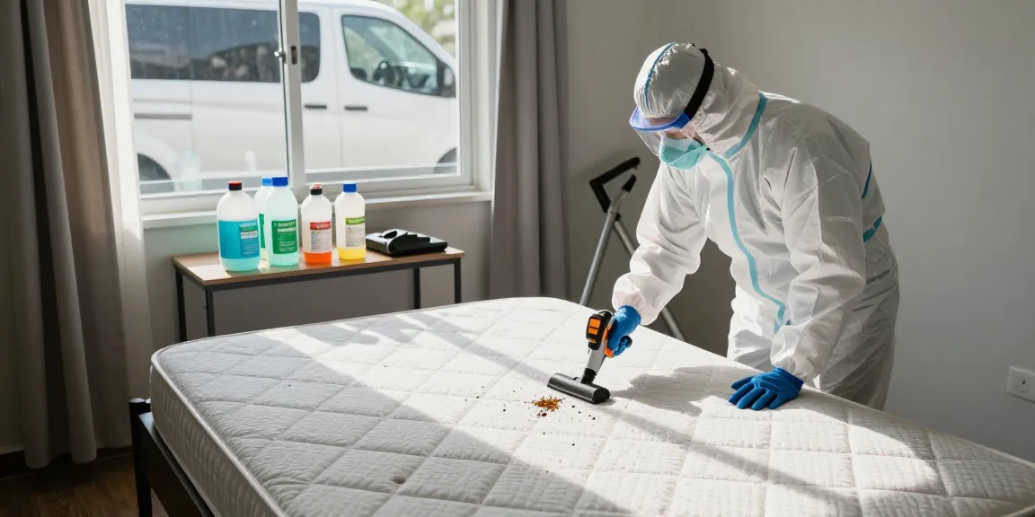 Bed bug pest control professional inspecting mattress for treatment in a residential room.