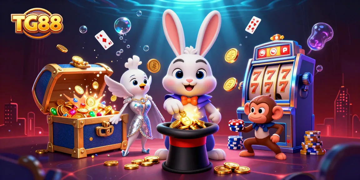 Experience thrilling wins with TG88's dynamic casino scene featuring a magician, dove, and monkey amongst vibrant game elements.