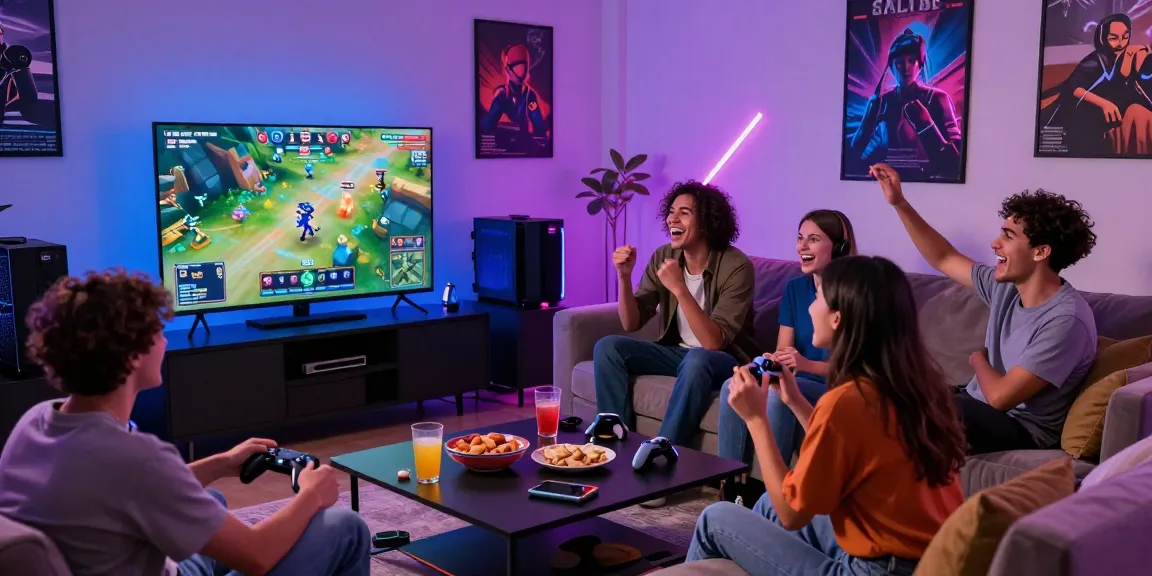 Friends enjoying hentaigames in a modern living room filled with snacks and laughter.