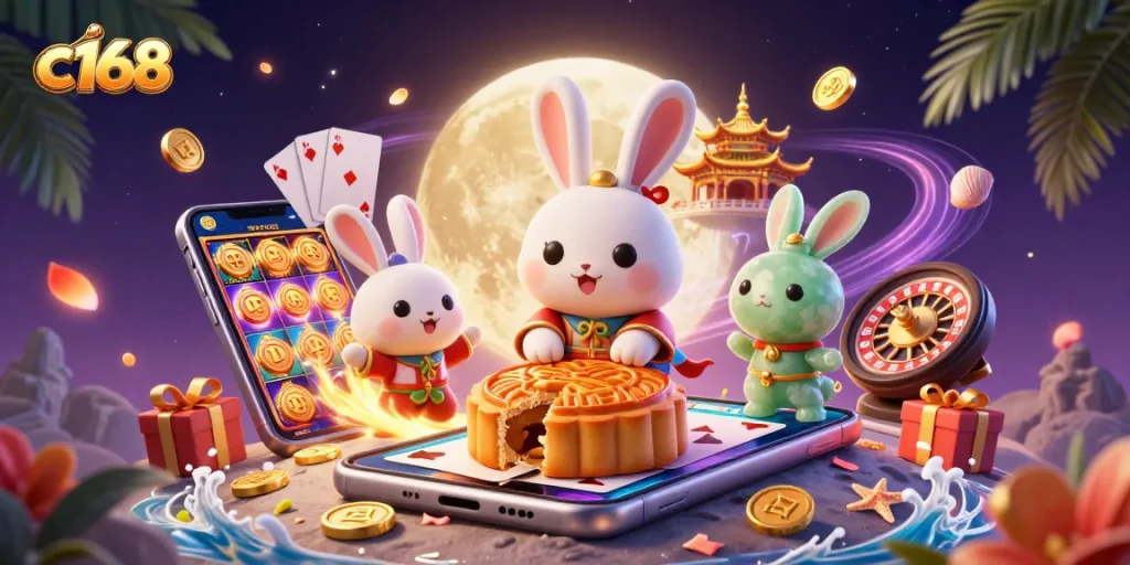 Experience thrilling gaming action at c168 with a dynamic 3D casino illustration featuring lucky charms and engaging elements.
