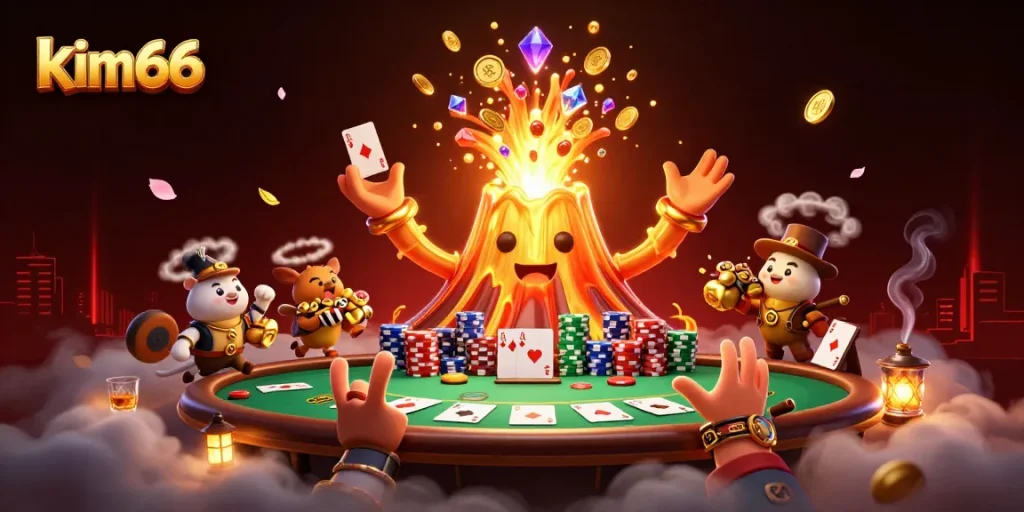 Experience the thrill of kim66 as the volcano erupts with treasure and poker action in this vibrant casino scene.