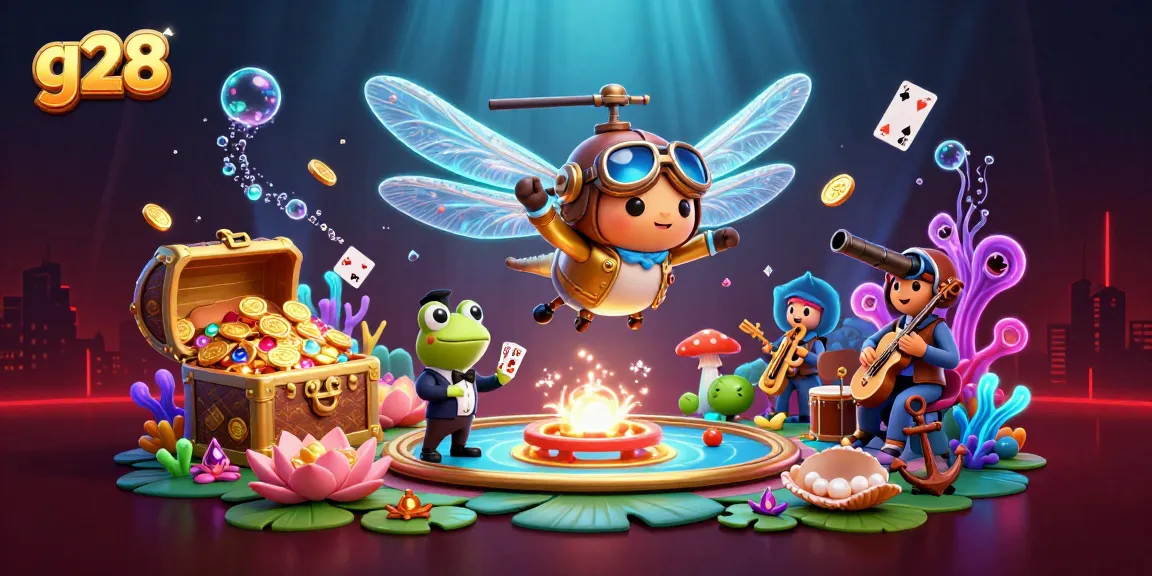 g28 casino action illustration with dragonfly pilot, frog croupier, and vibrant underwater elements