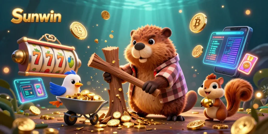 Spin the reels at Sunwin with a lively depiction of a treasure-hunting beaver collecting golden coins.
