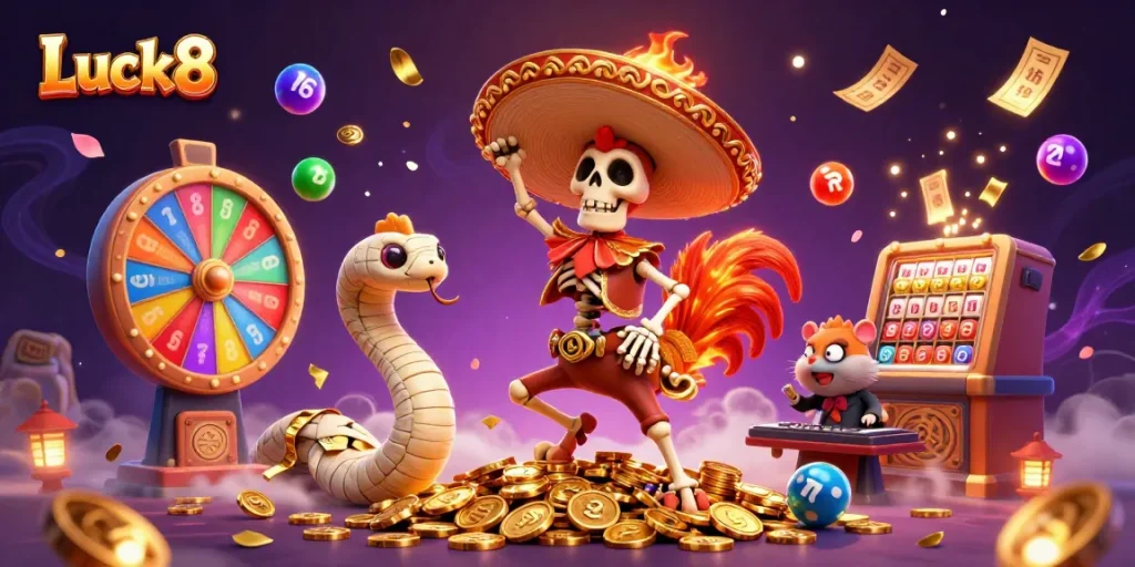 Luck8 exhilarating lottery scene with vibrant characters celebrating among bouncing lottery balls and golden coins.