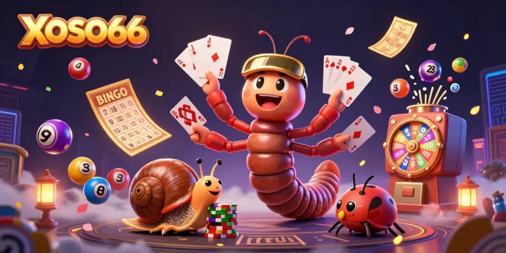 Experience excitement at XOSO66 with a vibrant 3D illustration of a millipede dealer and lottery elements.