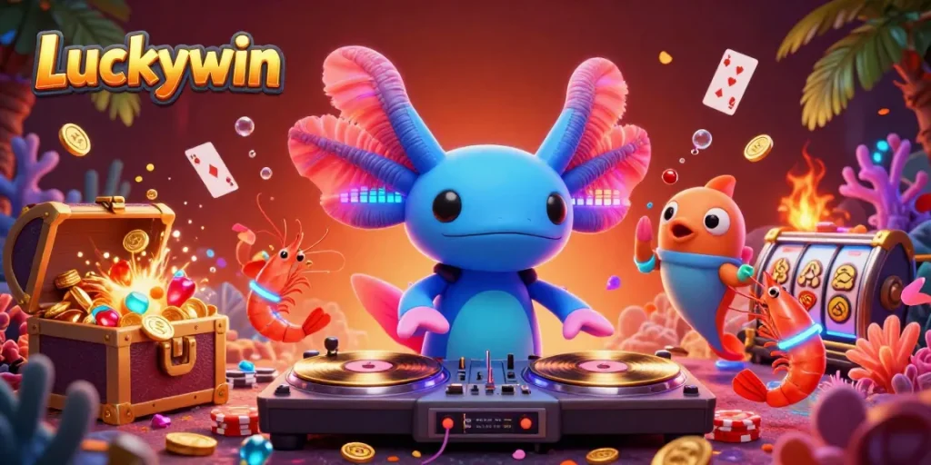 Experience the vibrant underwater casino scene at Luckywin with neon axolotl DJ and lively characters.