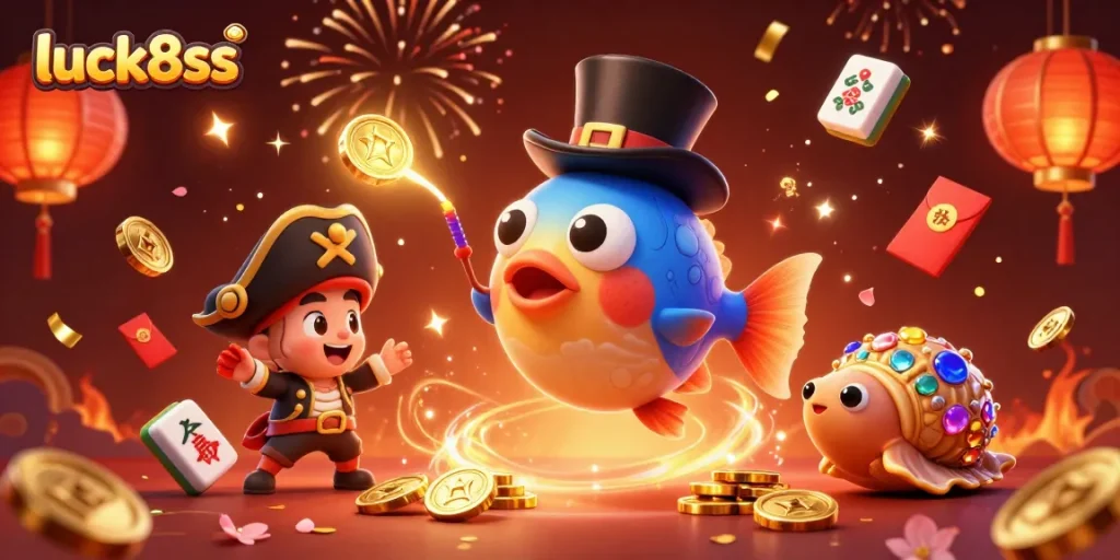 Engage with luck8ss through an exciting festival of golden coins, lanterns, and vibrant underwater characters in a casino-themed scene.