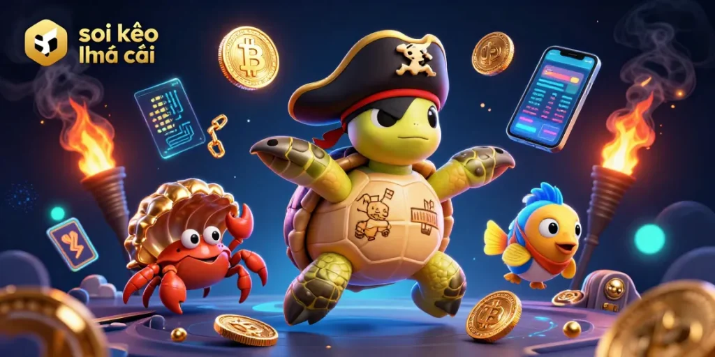 Engaging scene showcasing soi kèo nhà cái featuring a cartoon turtle, crab, and parrotfish with dynamic crypto-themed elements.