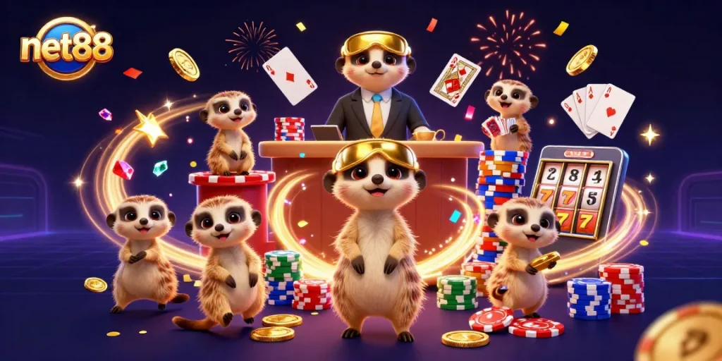 Engage with net88's lively meerkat casino, showcasing vibrant gaming action and excitement.