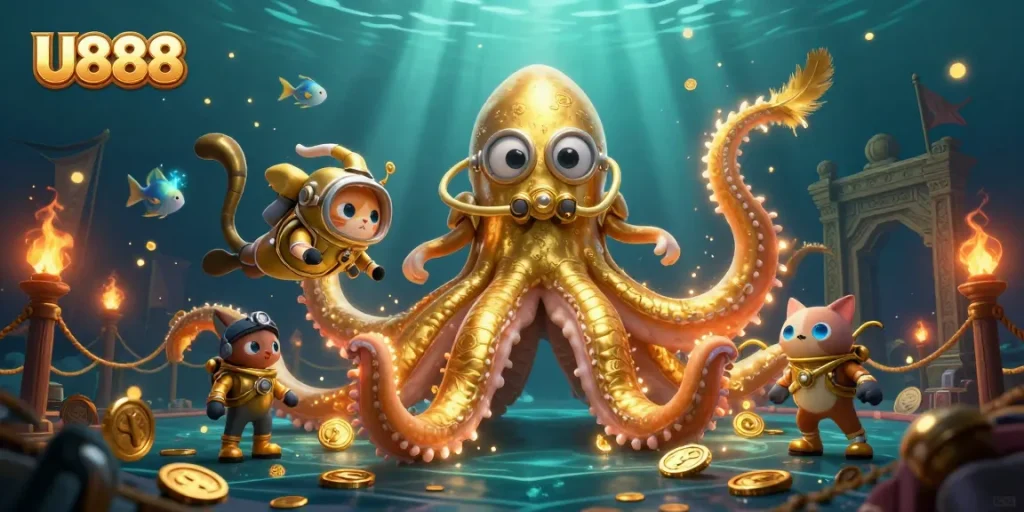 Engage with U888's thrilling underwater casino adventure featuring a kraken and diving cat.