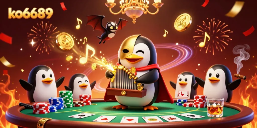 Experience winning thrills with ko6689 at a vibrant cartoon casino scene featuring a pipe organ pouring coins
