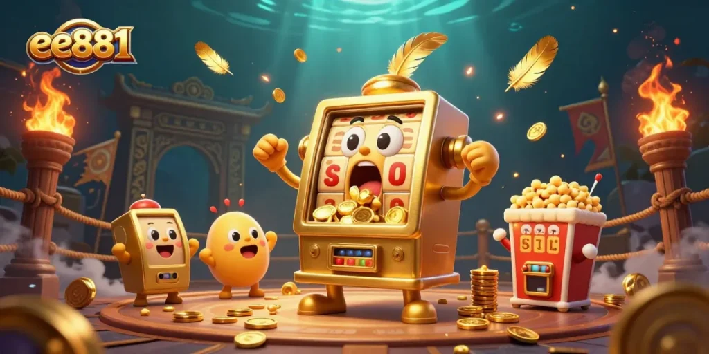 Join the excitement of ee881 as a golden slot machine hits the jackpot, surrounded by cheering baby slots and coins!