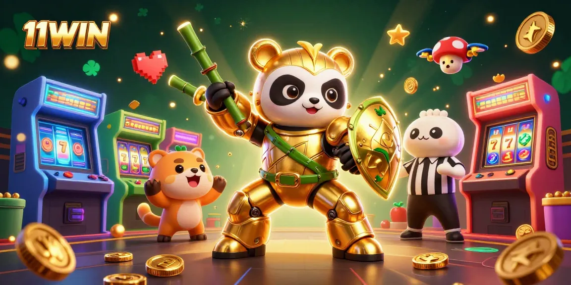 Engage with exciting 11WIN casino gaming, featuring colorful machines, slot reels, and lively 3D characters.