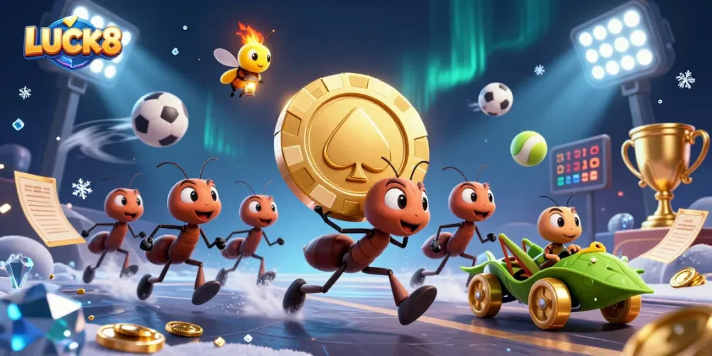 LUCK8 offers an exciting gaming experience featuring a golden poker chip heist in a vibrant 3D scene.
