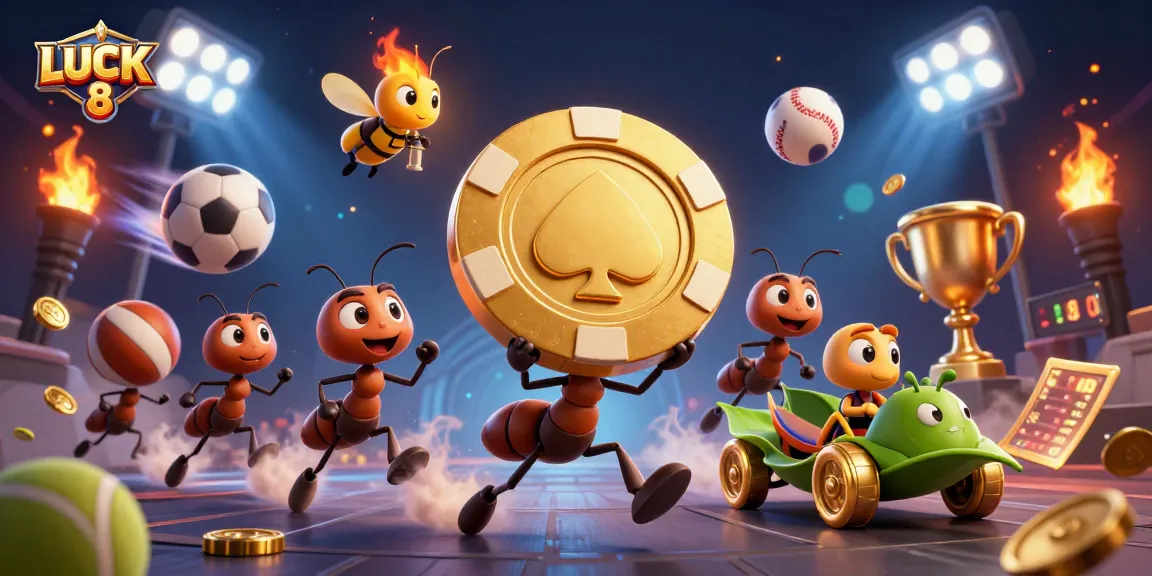 Experience thrilling action at LUCK 8 as ants heist a golden poker chip amid dynamic casino elements.
