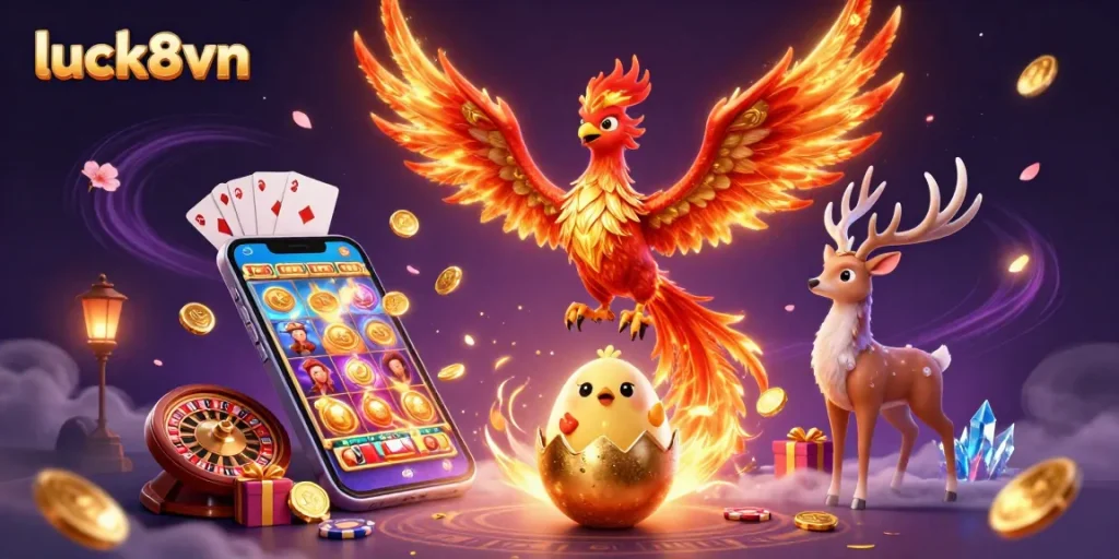 Engage with luck8vn's thrilling online slot gaming atmosphere featuring captivating characters and dynamic elements.