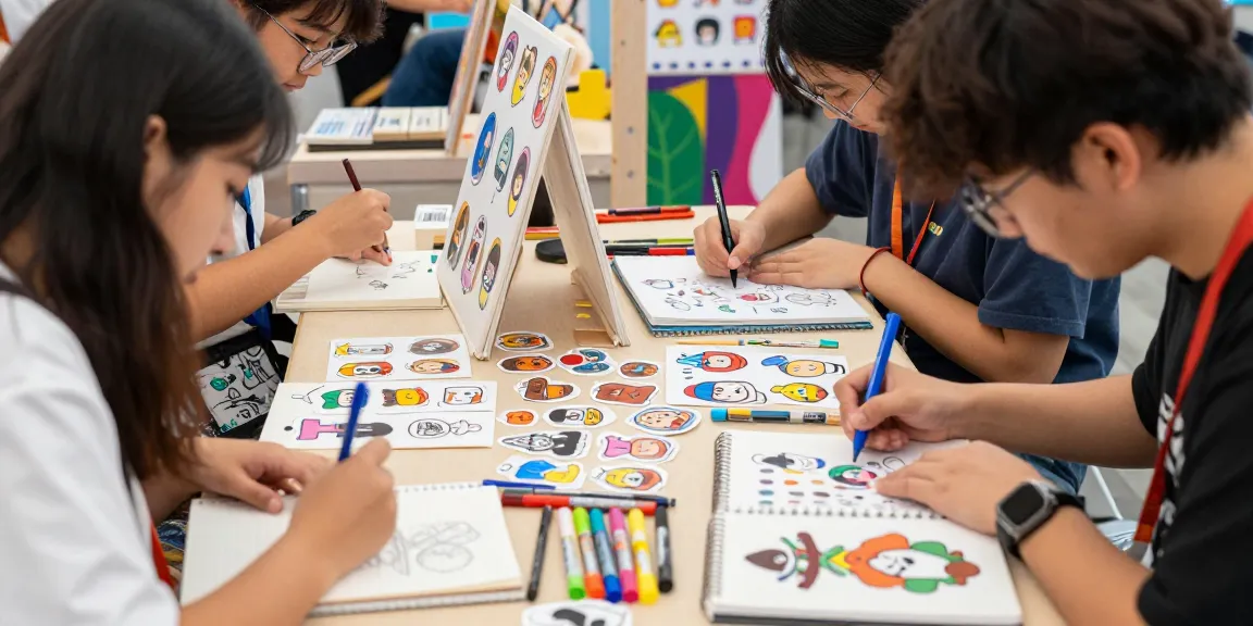 Creative individuals designing custom stickers in a lively marketplace.