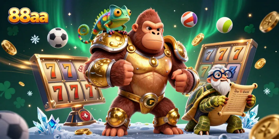 Engage in thrilling games at 88aa, where a gorilla king, chameleon, and tortoise celebrate online gaming.