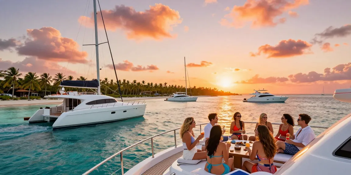 Punta Cana yacht rental scene with friends enjoying sunset on a luxurious yacht surrounded by crystal-clear waters.