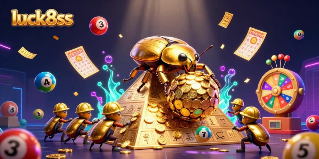 Engage with luck8ss in an electrifying casino scene full of vibrant lottery and prize elements.
