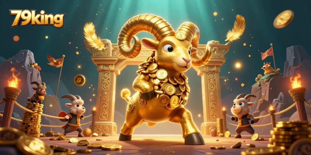 Experience thrilling action at 79king with the golden ram charging through a vibrant casino scene.