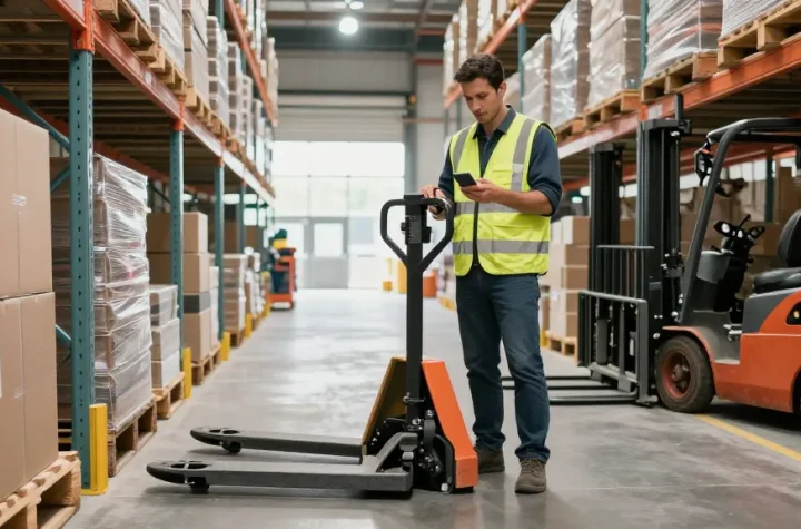 Fluid operation of a manual pallet truck for sale by a warehouse worker navigating through well-stocked aisles, highlighting effective material handling.