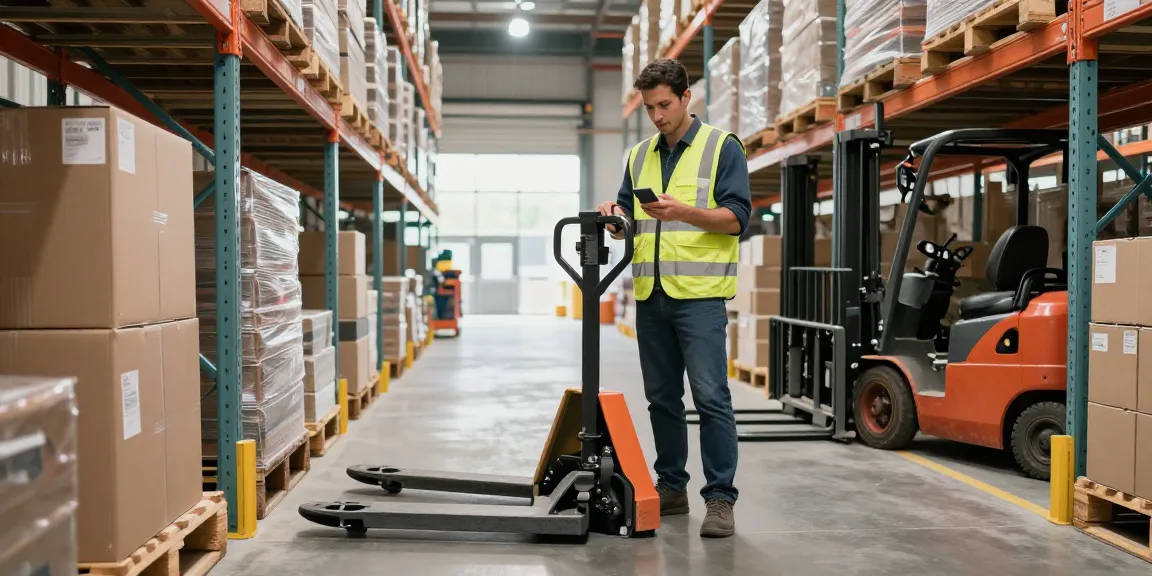 Fluid operation of a manual pallet truck for sale by a warehouse worker navigating through well-stocked aisles, highlighting effective material handling.