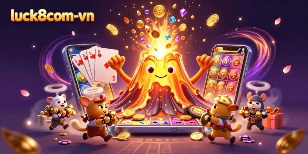 Experience luck8com-vn's thrilling gaming adventure with cartoon characters among vibrant casino elements and treasures.