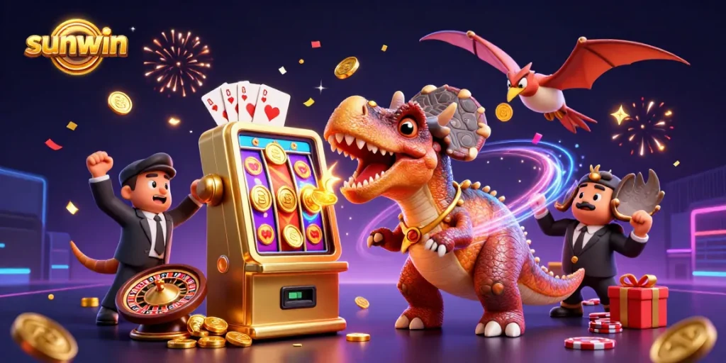 sunwin jackpot explosion featuring a pachycephalosaurus and casino scenes.