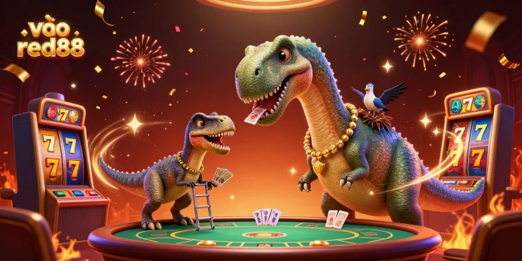 Engage with the excitement of vào red88 at the casino with a lively 3D illustration featuring a brontosaurus and raptor.