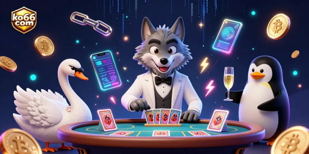 Play at ko66 com with the debonair wolf and swan in this vibrant crypto casino illustration.