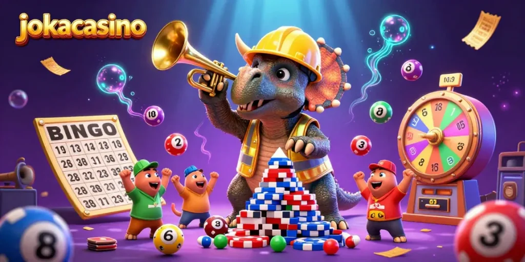 Engage with jokacasino's vibrant gaming scene featuring animated dinosaurs and dynamic lottery elements.