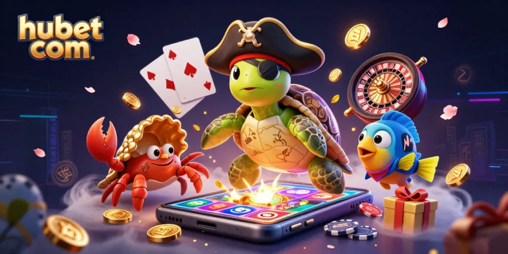 Engage in thrilling gameplay at hubet com with a vibrant 3D casino scene featuring a pirate turtle and fortune elements.