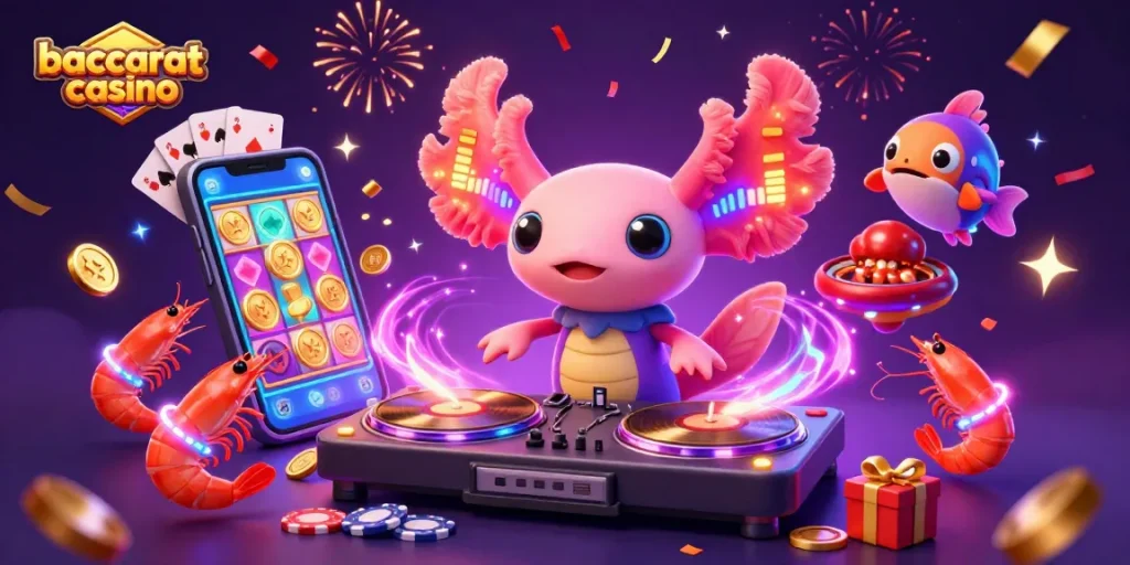 Engage in vibrant baccarat casino action with a playful axolotl DJ and lively sea creatures, surrounded by thrilling game elements.