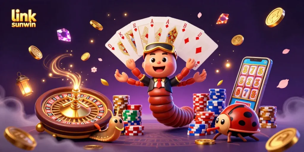 Experience excitement at link sunwin with a vibrant casino scene featuring a millipede dealer and colorful gaming elements.