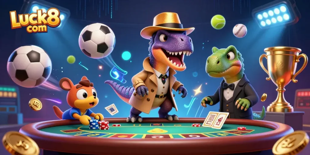 Engage in thrilling action at Luck8 com with cartoon dinosaurs at a blackjack table