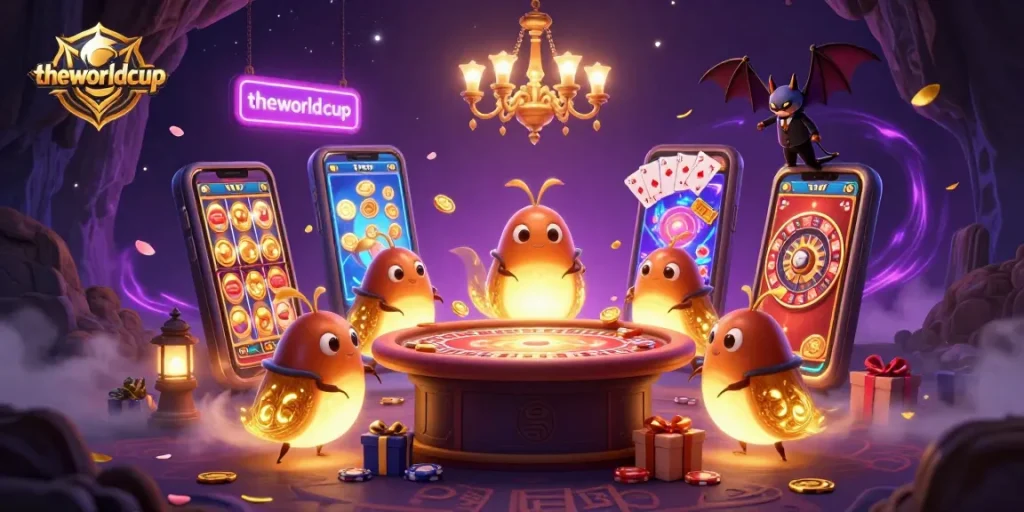 Experience theworldcup action as glowworms illuminate a vibrant cave casino setting.