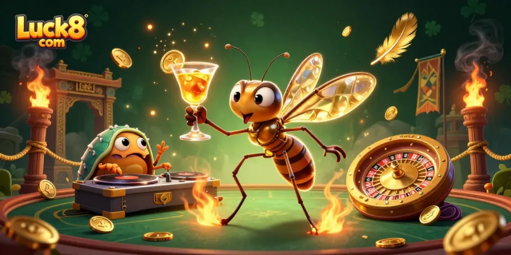 Experience gaming excitement with Luck8 com in a vibrant, detailed casino illustration featuring unique characters.