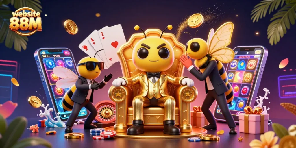 Engage with exciting gaming on the website 88M featuring a vibrant 3D casino scene.