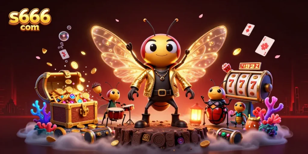 Engage in exhilarating gameplay at s666 com with a vibrant 3D casino scene featuring a rock star cicada.